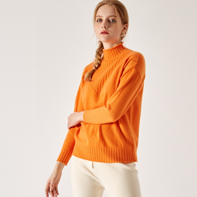 新款女士秋冬羊絨衫半高領橙色修身現代款式
